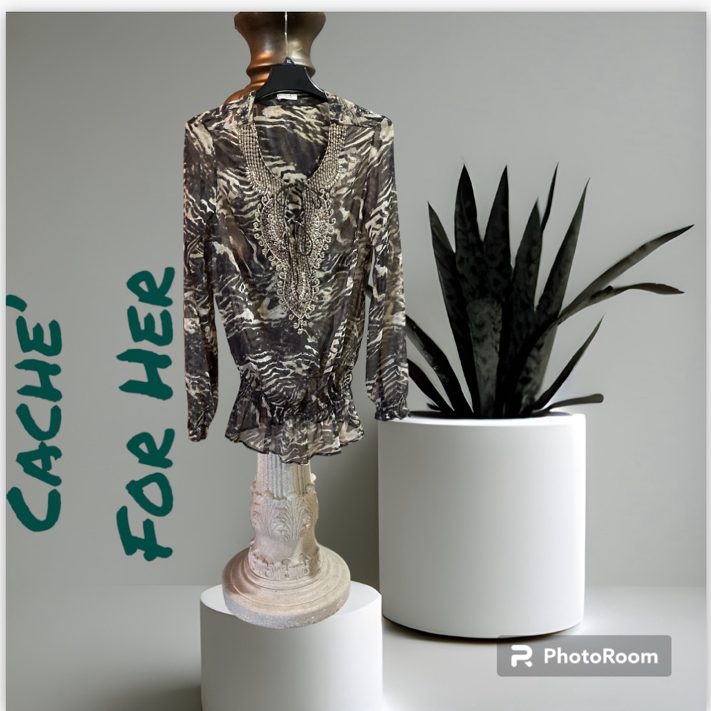 CACHE’ Women’s Sheer Jeweled Top Animal Print Blouse in Excellent condition SZ:L - Picture 14 of 15